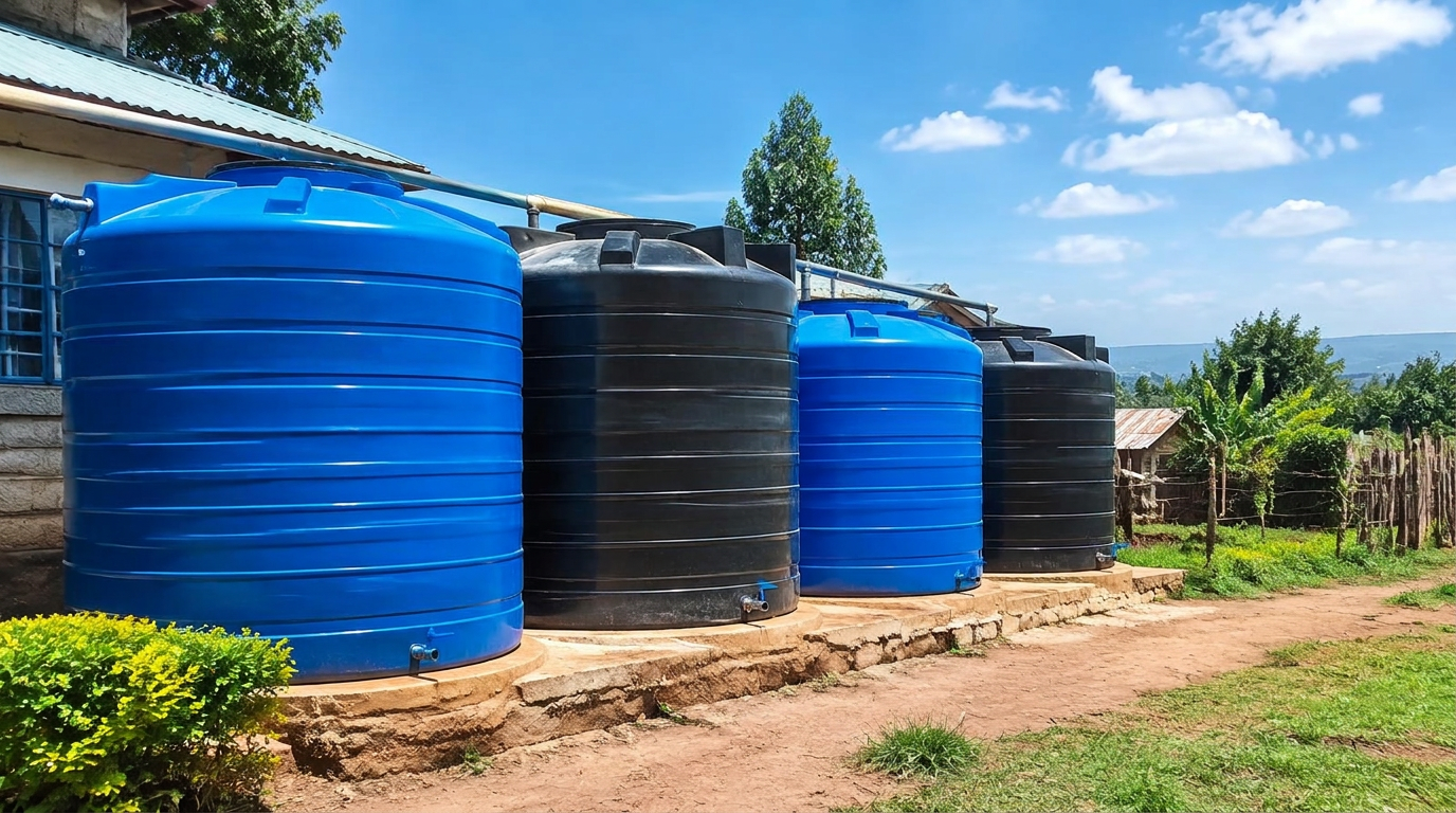 Water storage tanks at a Kenyan home
